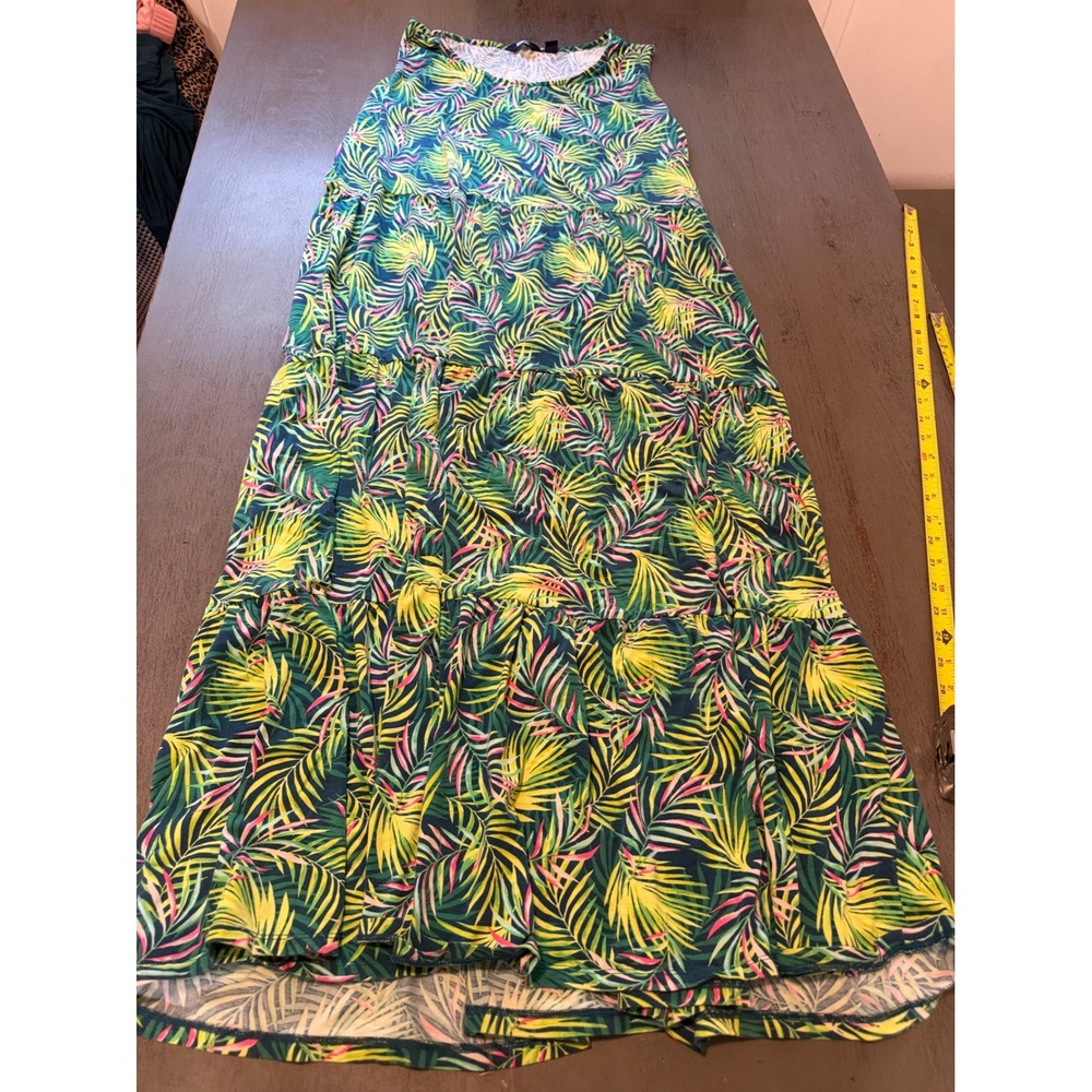 Lands End Womens 2X 20W-22W Tropical Palm Tiered Sleeveless Maxi Dress Green